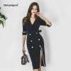 Plus Size Pencil Dress 18 Women Blue Half Sleeve Notched Knee-length Korean Work Suit Dress Autumn Wrap Button Dresses Ladies