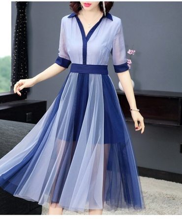Women color block mesh dress patwork elegant half sleeve shirt dresses new 19 spring summer blue pink