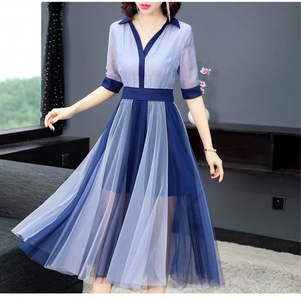 Women color block mesh dress patwork elegant half sleeve shirt dresses new 19 spring summer blue pink Women color block mesh dress patwork elegant half sleeve shirt dresses new 19 spring summer blue pink