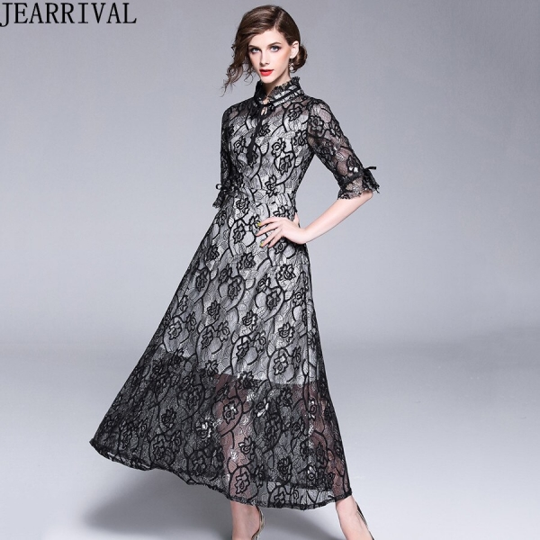 Autumn Fashion Womens Elegant Lace Dress 18 High Quality Half Sleeve Hollow Out Slim Casual Long Dresses Party Vestidos