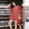 Concise Casual O Neck half Sleeve dress casual loose hole letter print dark