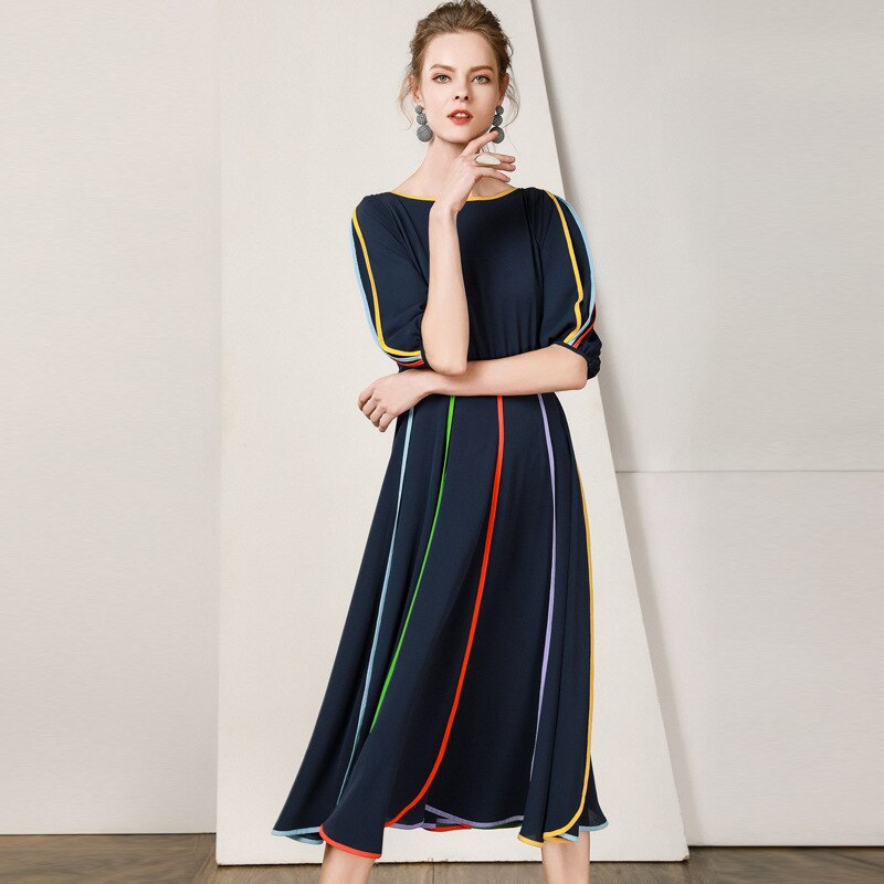 Midi Dress O-Neck Half Sleeve A-line Dress Elegant Chiffon SALE ...