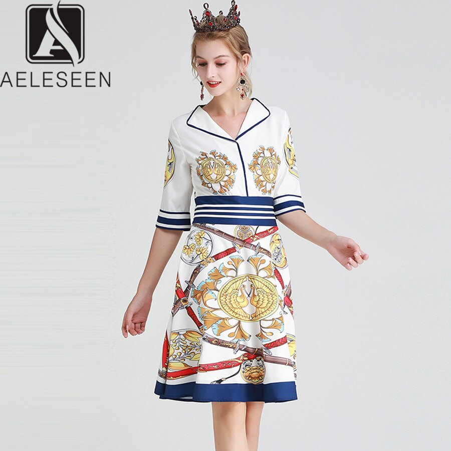 AELESEEN Vintage Knee-Length Dresses Women Summer 19 Casual Wearing V-neck Canary Sword Printed Half Sleeve A-Line Midi Dress