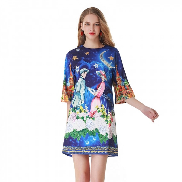Runway Summer Dress Women Fashion Designer Princess Prince Floral Print Half Sleeve A Line Elegant Female Vintage Mini Dress