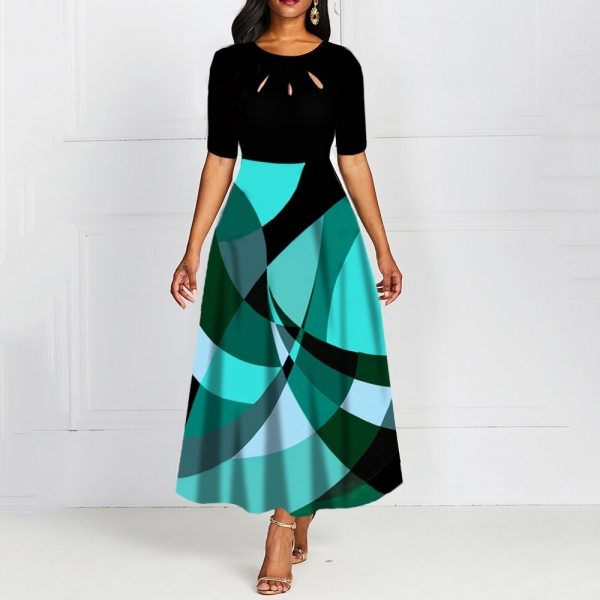 Half Sleeve Round Neck Bowknot Vintage A Line Printing Women Maxi Dress Standard-Waist Dress 19 Autumn Dress