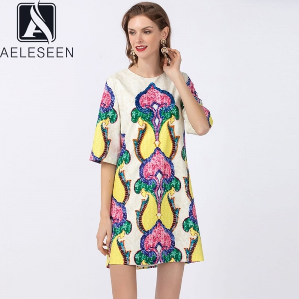 Loose Dress Spring Summer Half Sleeve Casual Dress Beading Sequined Flower Print