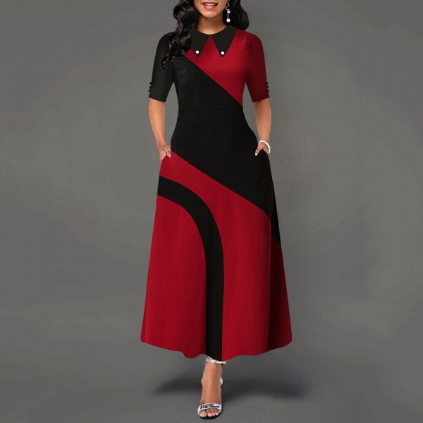 A Line Color Block Office Dress Elegant Women Peter Pan Collar Half Sleeve African Ladies Work Wear Long Maxi Dress Female Fall Elegant color block office dress for women with Peter Pan collar and long maxi cutÂ