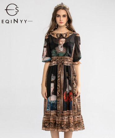 SEQINYY Vintage Dress Summer Spring New Fashion Design Half Sleeve A-line Painting Printed Midi Black Chiffon Dress