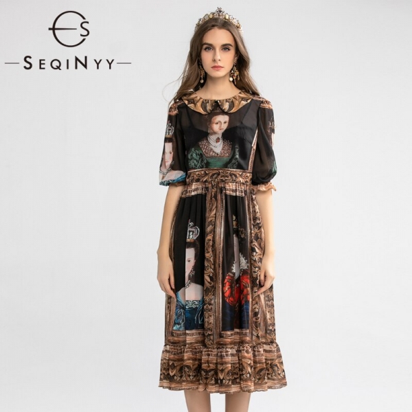 SEQINYY Vintage Dress Summer Spring New Fashion Design Half Sleeve A-line Painting Printed Midi Black Chiffon Dress SEQINYY Vintage Dress Summer Spring New Fashion Design Half Sleeve A-line Painting Printed Midi Black Chiffon Dress