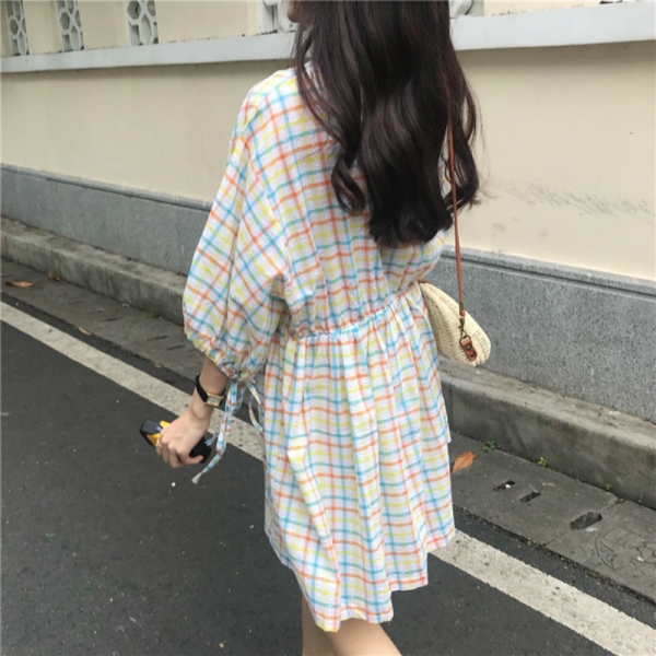 Women Summer Mini Plaid Cotton Dress V-neck Puff Sleeves High Waist Short Vestidos Drawstring Casual Robe Femme Sukienki Jurken Women Summer Mini Plaid Cotton Dress V-neck Puff Sleeves High Waist Short Vestidos Drawstring Casual Robe Femme Sukienki Jurken