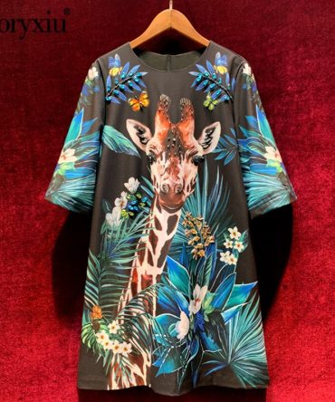Svoryxiu luxury Runway Autumn Winter Loose Short Dress Women's Half Sleeve Beading Diamond Cartoon Giraffe Print Fashion Dresses