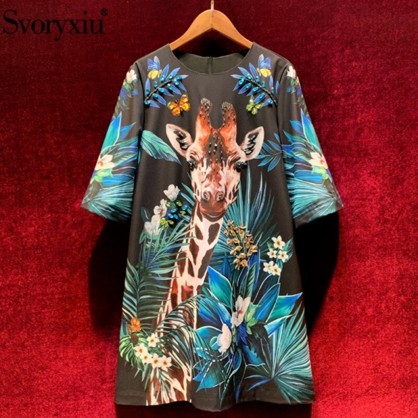 Svoryxiu luxury Runway Autumn Winter Loose Short Dress Women's Half Sleeve Beading Diamond Cartoon Giraffe Print Fashion Dresses