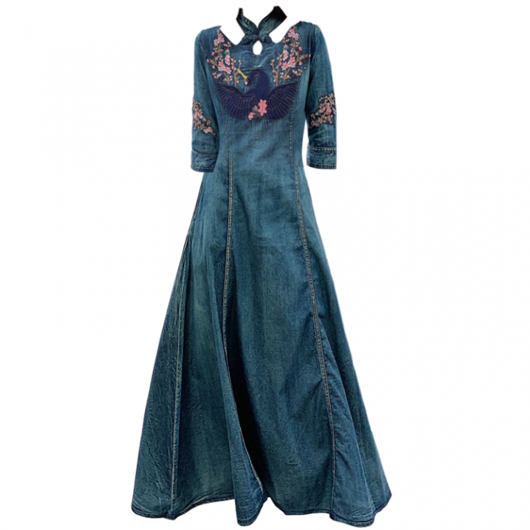 New Spring autumn Women half Sleeve Slim Denim Dress Summer Casual Female Vintage embroidery Dress Ladies Long Dresses
