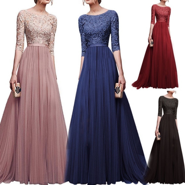 Elegant Half Sleeve Chiffon Lace Stitching Women Party Prom Evening
