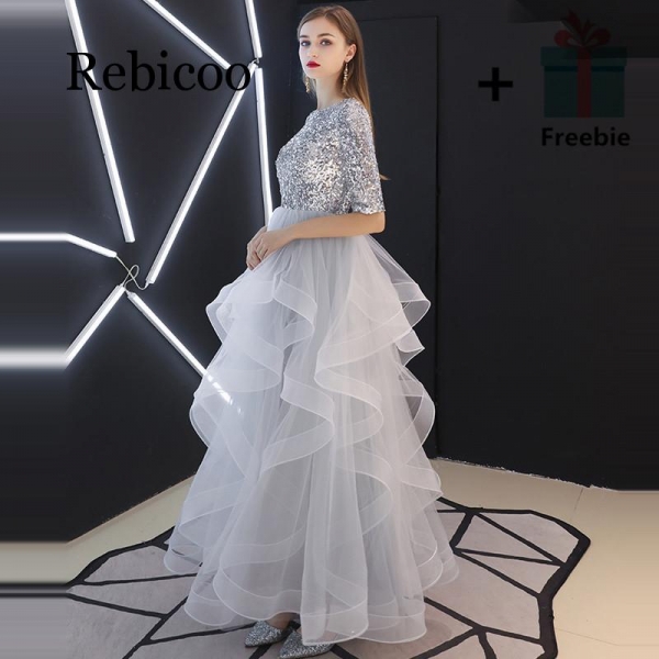 Rebicoo 19 French Sequined Half Sleeve Layered Hem Evening Gown Grey Waisted Puff Dress
