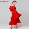 Red Pleated Long Dress Fashion Slash Neck Off Shoulder Half Sleeve