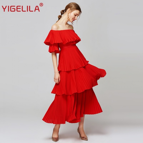 Red Pleated Long Dress Fashion Slash Neck Off Shoulder Half Sleeve