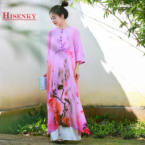 Hisenky 19 Summer Women Dress Chinese Style Cotton Linen Loose Dress Half Sleeves Flower Printed Vintage Long Dress Vestidos