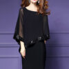 Vintage Chiffon Elegant Cloak Sleeves Pencil Office Lady Dress