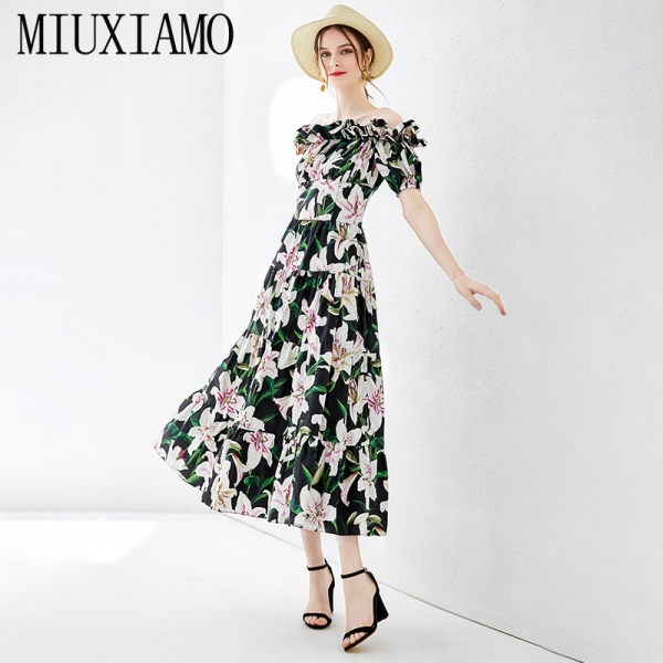 MIUXIMAO Top Quality 19 Fall Dress Lily Flower Ptint Half Sleeve Dress Ruffles Eleghant Cotton Casual Dress Women Vestidos 1 Fall Dress Lily Flower Ptint Half Sleeve Dress Ruffles Eleghant Cotton