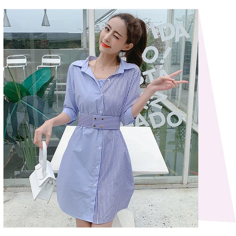 Stripe Patchwork Fashion Shirt Dress Women Summer Elbise New Dress Shirt V neck Half Sleeve Dresses Casual Korean Vestidos f359 3 Dress Shirt V neck Half Sleeve Dresses Casual Korean