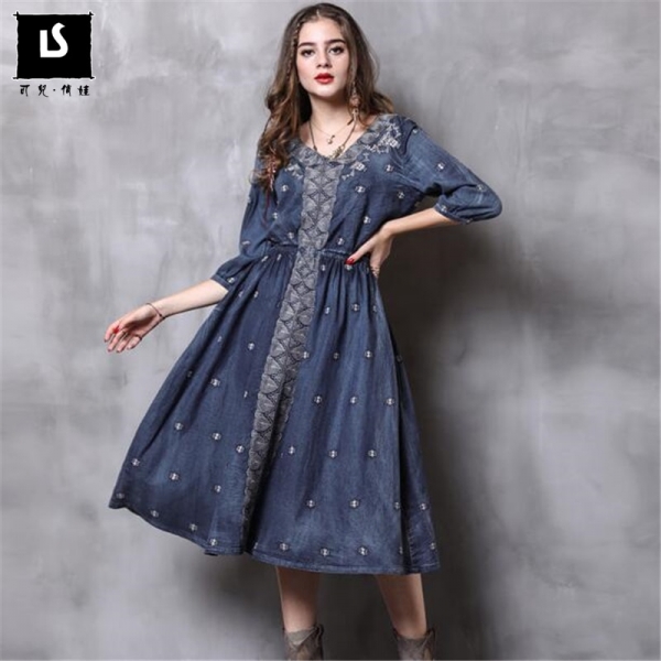 Autumn New Vintage Denim Long Dresses V-Neck Half sleeve Embroidery A-line
