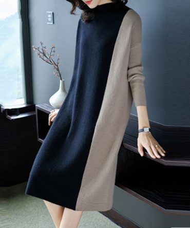 Europe Women 19 Autumn Winter Stitching Fashion Long Sleeve Dress Female Half Turtleneck Knee-Length Knitted Dress A1139