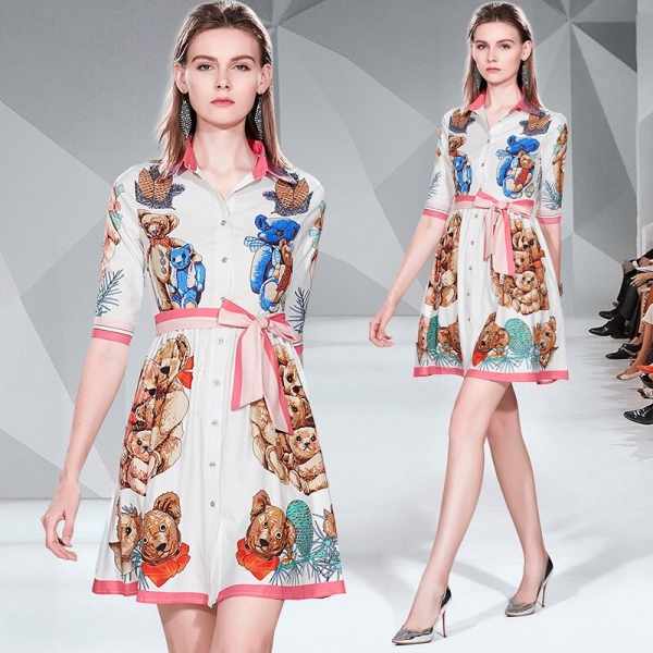 19 Summer New Women Sweet Bear Cartoon Print Dress A-Line Mini Shirt Dress Turn Down Collar Half Sleeve Casual Elegant Dresses 19 Summer New Women Sweet Bear Cartoon Print Dress A-Line Mini Shirt Dress Turn Down Collar Half Sleeve Casual Elegant Dresses