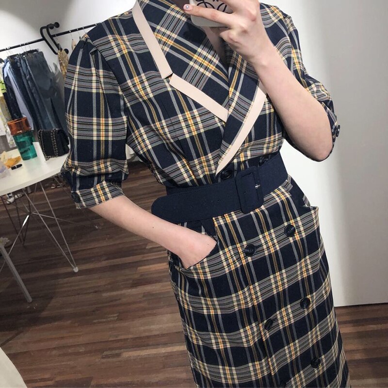 TVVOVVIN 19 Turn-down Collar Half Sleeve Korean Fashion Slim Waist With Belt Patchwork Color Women Korean Dress Tide X139 2 Turn-down Collar Half Sleeve Korean Fashion Slim Waist With Belt Patchwork