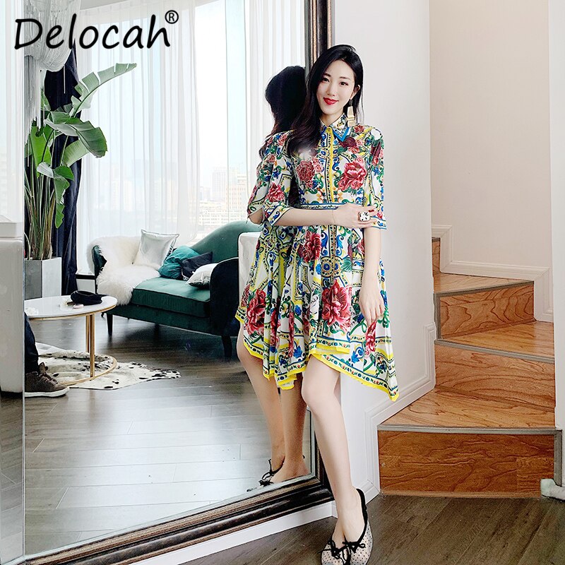 Spring Summer Dress Runway Fashion Designer Half Sleeve Floral Print Beading Asymmetric