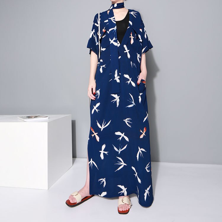 Tide Fashion Summer Pattern Printed Dress Sashes Casual Long Loose Size Shirt Dress Fashion Tide V-Neck Half Sleeve Dress 3
