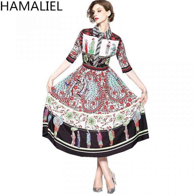 HAMALIEL Vestidos Summer Dress 18 Runway Turn Down Collar Print Flower Character Chiffon Vintage Half Sleeve Ladies Midi Dress