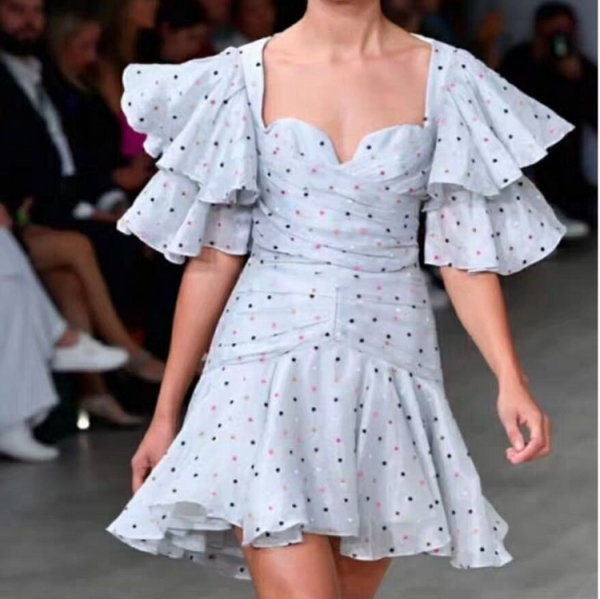 Ruffle dress flare half sleeves court styles polka dot printe