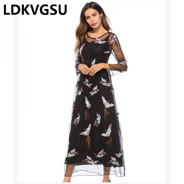 Embroidery Lace Dress Half Sleeve Net Yarn 2Piece Set Black Dresses Large Size