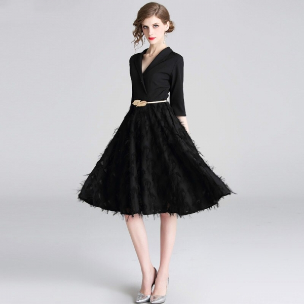 Feathers Patchwork Black A-line Office Dress 19 Spring Women Half Sleeve Notched Formal Dress Female Tassel Dress With Belt Feathers Patchwork Black A-line Office Dress 19 Spring Women Half Sleeve Notched Formal Dress Female Tassel Dress With Belt