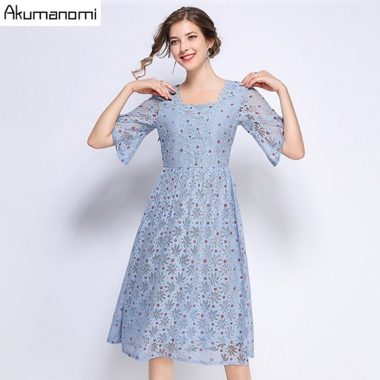 Summer Dress Women 19 Hot Plus Size 5xl Blue Square Collar Half Sleeve A-line Dot Lace Party Dress Vestidos Robe Longue Femme