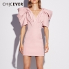 CHICEVER Casual Ruched Women's Dresses V Neck Puff Half Sleeve High Waist Mini Dress For Female 19 Fashion Clothing New Tide