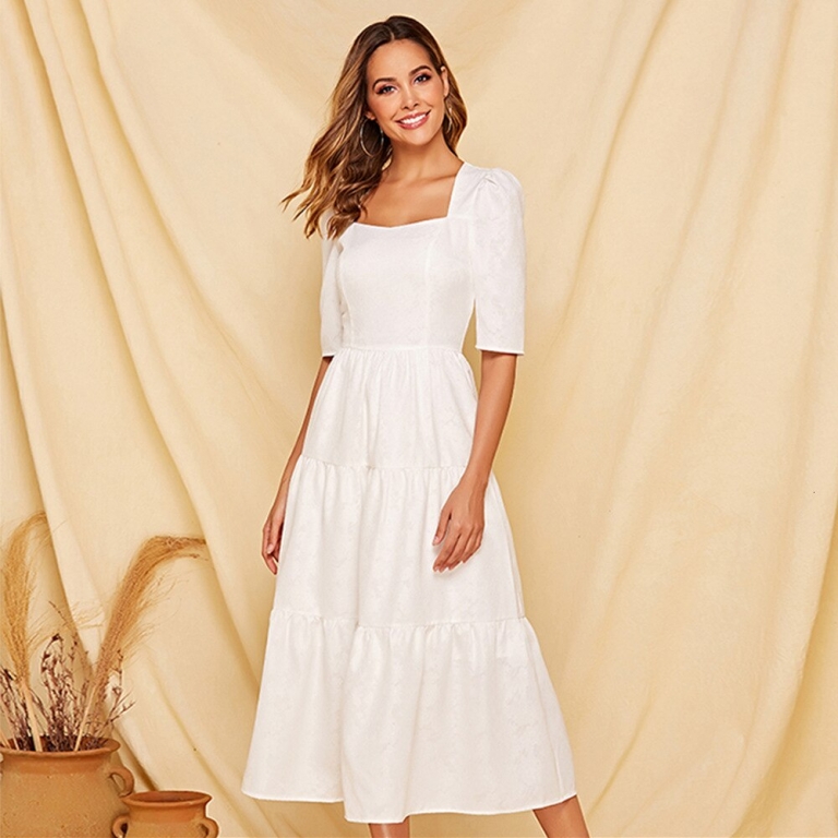 Summer A-line Elegant Temperament White Women Dress Square Collar Ladies Half Sleeve Maxi Dress Pure Color 19 Vestidos Largos