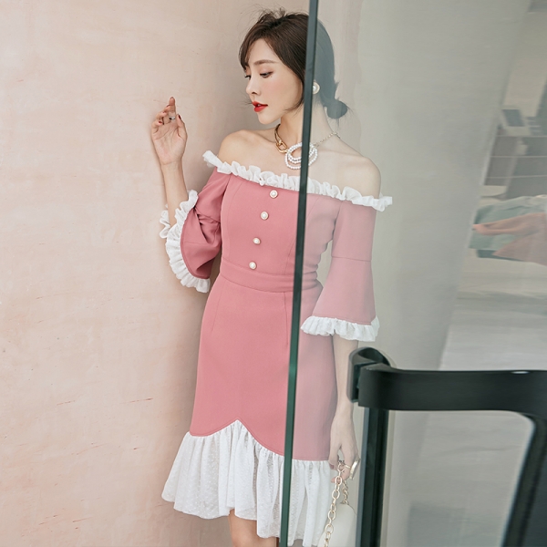 Patchwork Dress Slash Neck Half sleeves Fish Tail Dress