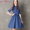 Hollow Out Half Sleeve Denim Dress Turn-Down Collar Blue Casual Work
