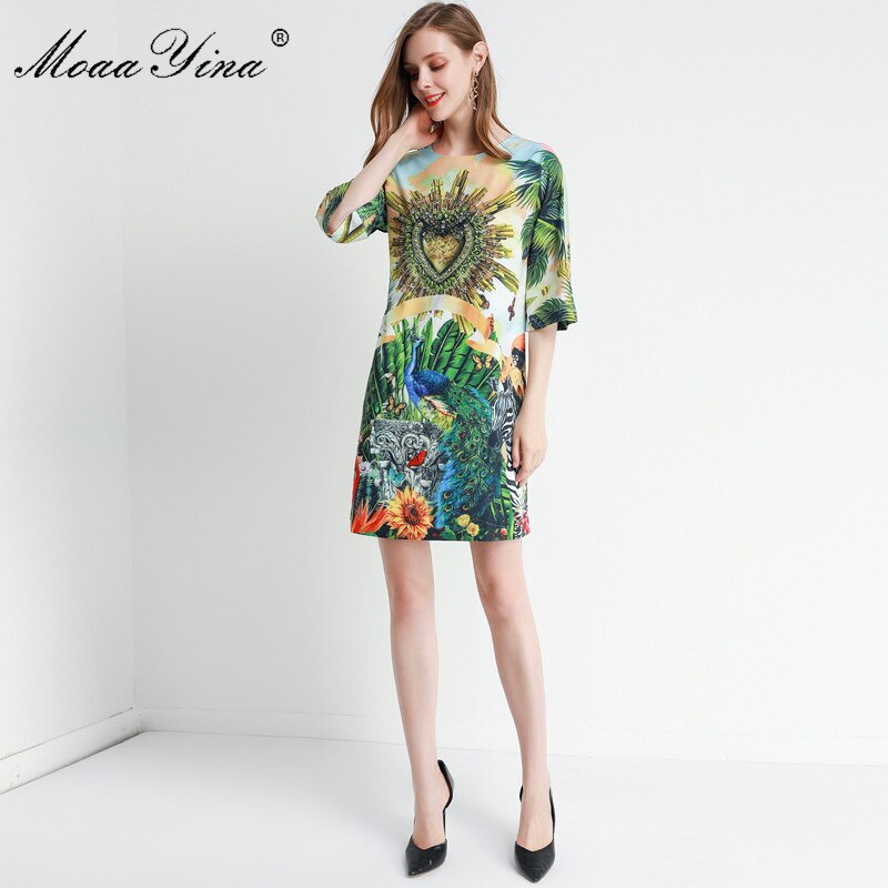 MoaaYina Fashion Designer dress Spring Summer Women's Dress Half sleeve Crystal Beading Loose Elegant Runway Dresses 3 Dress Half sleeve Crystal Beading Loose Elegant