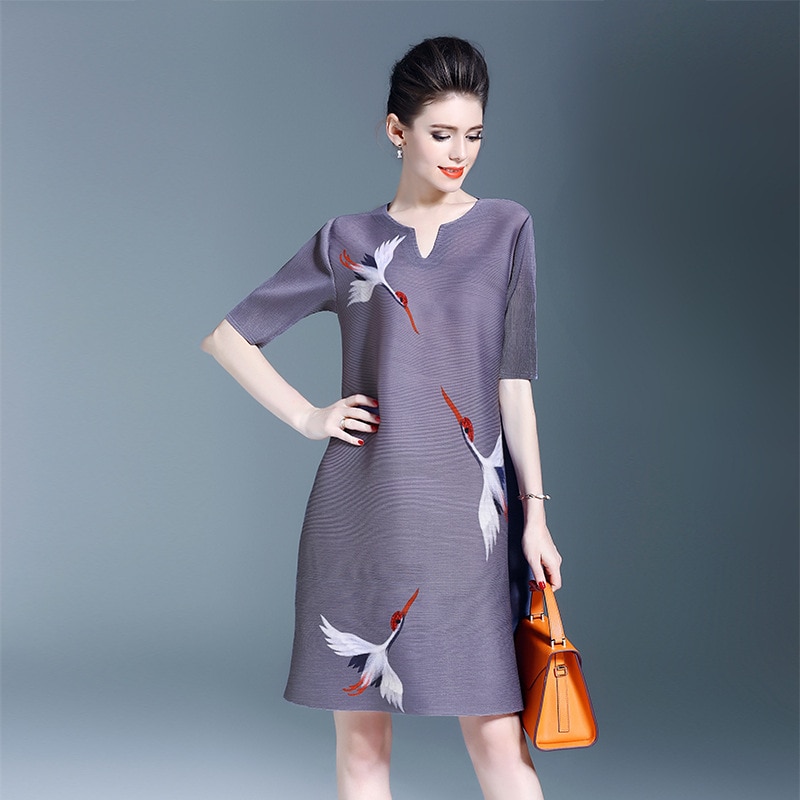 Plus Size Dress Women Casual Print Spring New Fashion Miyake Pleats