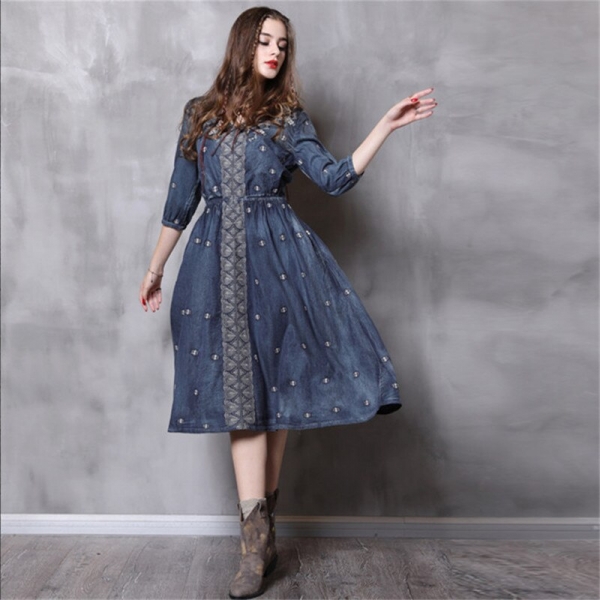 Vintage Autumn Dress Women 18 Denim Summer Dress V-Neck A-Line Half Sleeve Embroidery Women Dresses Vestidos Femininos 82110 Vintage Autumn Dress Women 18 Denim Summer Dress V-Neck A-Line Half Sleeve Embroidery Women Dresses Vestidos Femininos 82110
