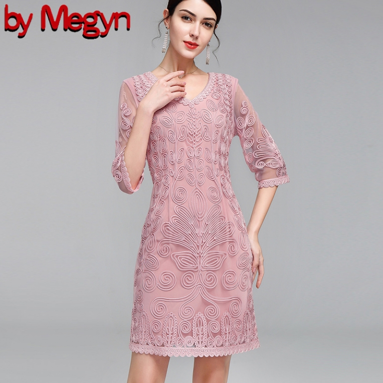 by Megyn 19 Vintage Women Fashion Blue Lace Runway Party Dresses Half Sleeve embroidery A-Line Knee-length Dress plus size 4XL