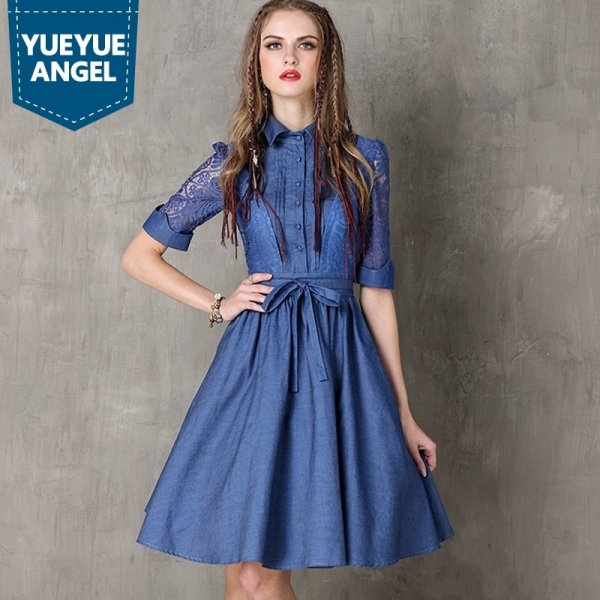 Vintage Hollow Out Embroidery Women Fashion High Street Half Sleeve Dress Jean Denim Female Lapel Single Breasted Slim Vestidos 1 Vintage Hollow Out Embroidery Dress: Elevate Your Fashion Game