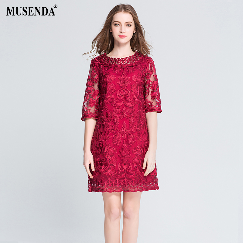 MUSENDA Plus Size Women Hollow Out Lace Embrodery Half Sleeve Red Dress 18 Summer Sundress Lady Casual Fashion Party Dresses