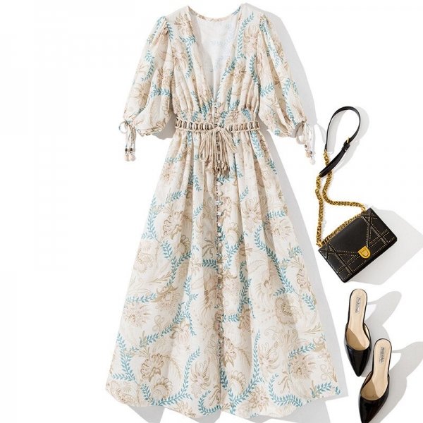 V-neck sexy bohemian dress half sleeve tassel sashes a-line summer