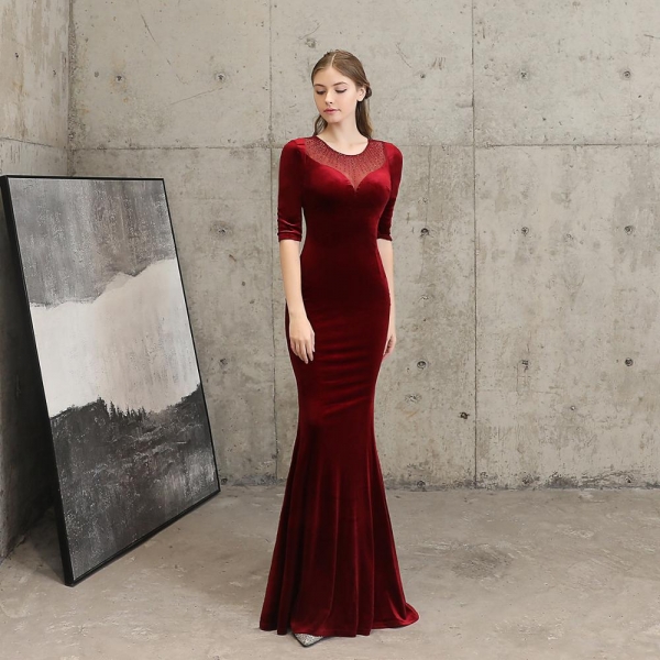 Vintage Red Flannel & Diamond Transparent Mesh O Neck Half Sleeve Dress Sexy Women Mermaid Night Club Party Long Dresses Elegant