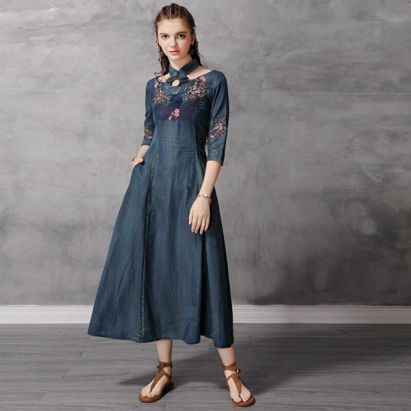 Autumn Denim Dress Women Half Sleeve Floral Embroidery Vintage Jeans Dresses Ladies Stand Collar A Line Long Retro Denim Dresses 1 Floral Embroidery Vintage Jeans Dresses Ladies Stand Collar A Line Long Retro Denim Dress