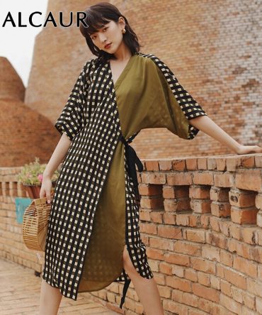 GALCAUR Vintage Plaid Women Dress High Waist V Neck Half Sleeve Lace Up Asymmetrical Female Dresses 19 Fashion Summer Tide